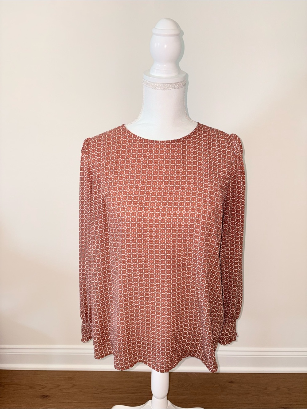 LOFT Rust Geometric Print Long Sleeve Blouse